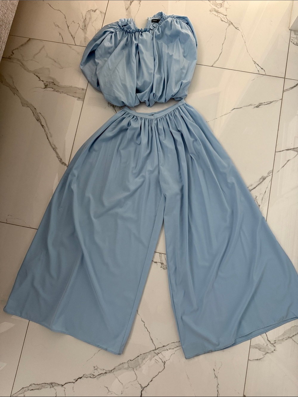 Light Blue Wide-Leg High-Waist Palazzo Pants with Bubble Top Set Women's